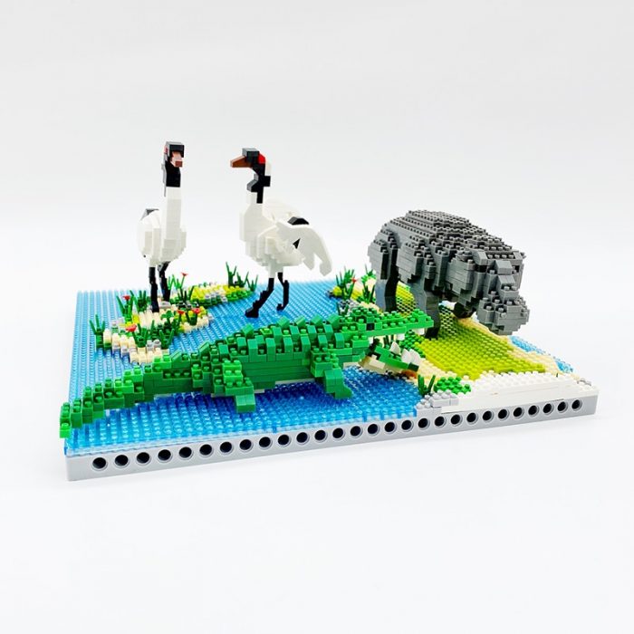 PZX 6623 Animal World Hippo Alligator Crane Bird Flower River Model Mini Diamond Blocks Bricks Building 1 - LOZ MALL