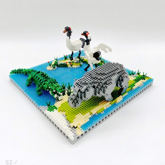 PZX 6623 Animal World Hippo Alligator Crane Bird Flower River Model Mini Diamond Blocks Bricks Building 2 - LOZ MALL