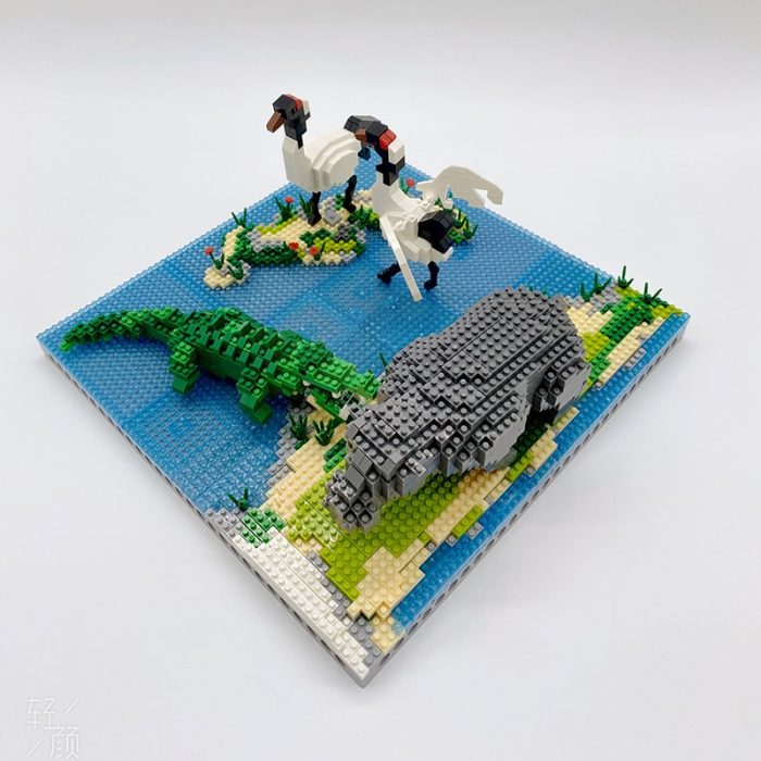 PZX 6623 Animal World Hippo Alligator Crane Bird Flower River Model Mini Diamond Blocks Bricks Building 3 - LOZ MALL