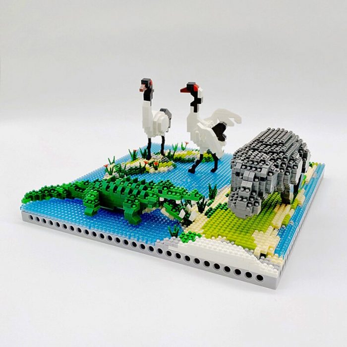 PZX 6623 Animal World Hippo Alligator Crane Bird Flower River Model Mini Diamond Blocks Bricks Building 5 - LOZ MALL