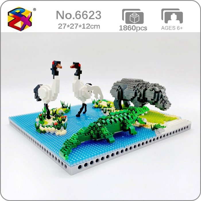 PZX 6623 Animal World Hippo Alligator Crane Bird Flower River Model Mini Diamond Blocks Bricks Building - LOZ MALL