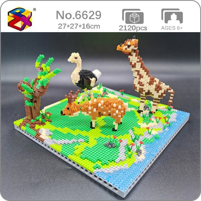PZX 6629 Animal World Giraffe Deer Ostrich Bird Flower River Model Mini Diamond Blocks Bricks Building - LOZ MALL
