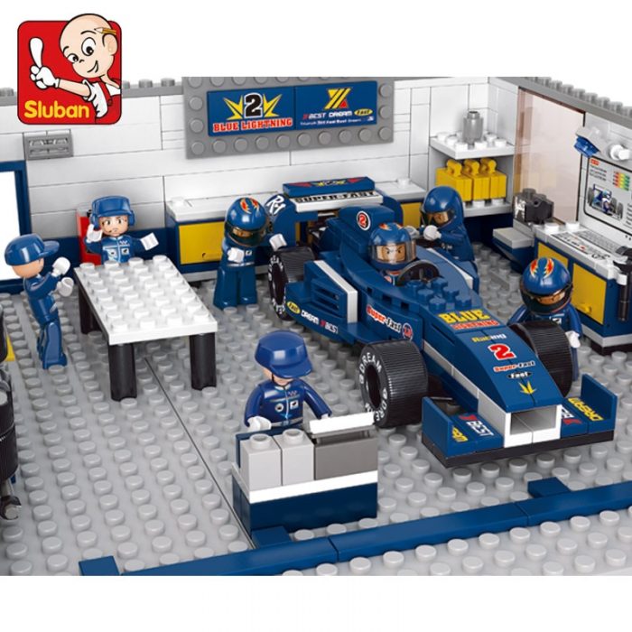 Sluban Building Block Toys Town B0356 Blue Lightning Racing Car Maintenance Station 741PCS Bricks Compatible With 2 - LOZ MALL