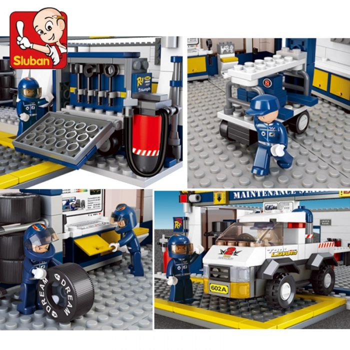 Sluban Building Block Toys Town B0356 Blue Lightning Racing Car Maintenance Station 741PCS Bricks Compatible With 3 - LOZ MALL