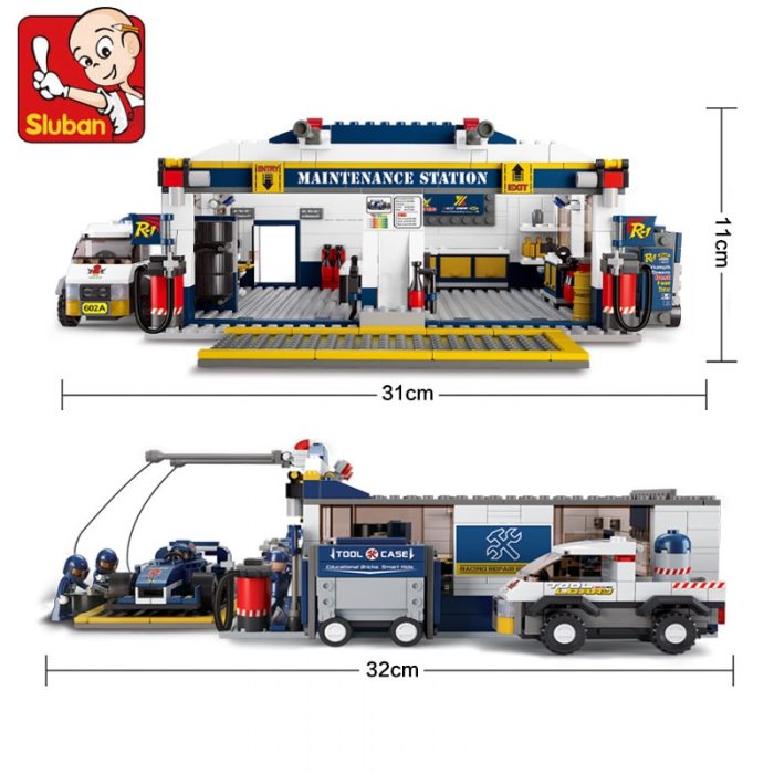 Sluban Building Block Toys Town B0356 Blue Lightning Racing Car Maintenance Station 741PCS Bricks Compatible With 4 - LOZ MALL
