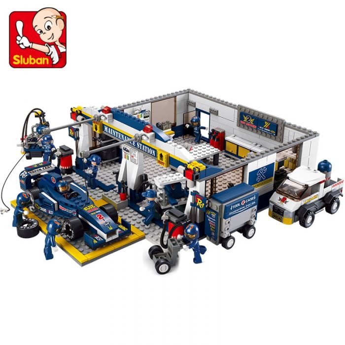 Sluban Building Block Toys Town B0356 Blue Lightning Racing Car Maintenance Station 741PCS Bricks Compatible With - LOZ MALL