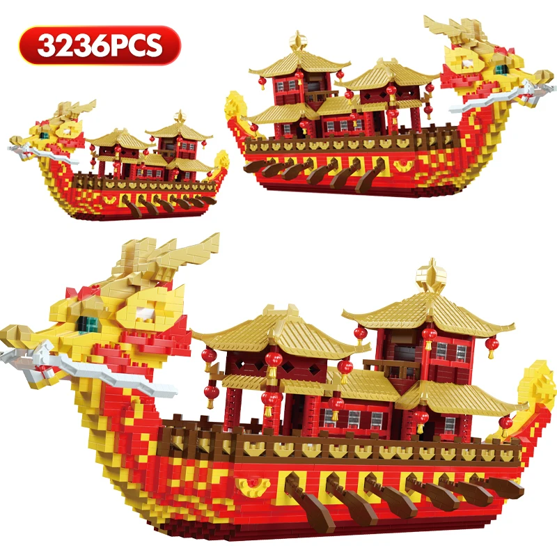 3236pcs Mini City Chinese Traditional Royal Dragon Boat Architecture Building Blocks Festival Bricks Toys for Children - LOZ MALL