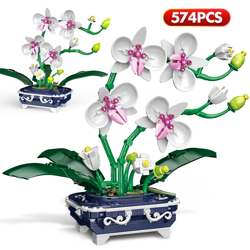 574PCS Mini Orchid Potted Plants Simulation Flower Building Blocks Friends Orchid Bricks House Decoration Toys For - LOZ MALL